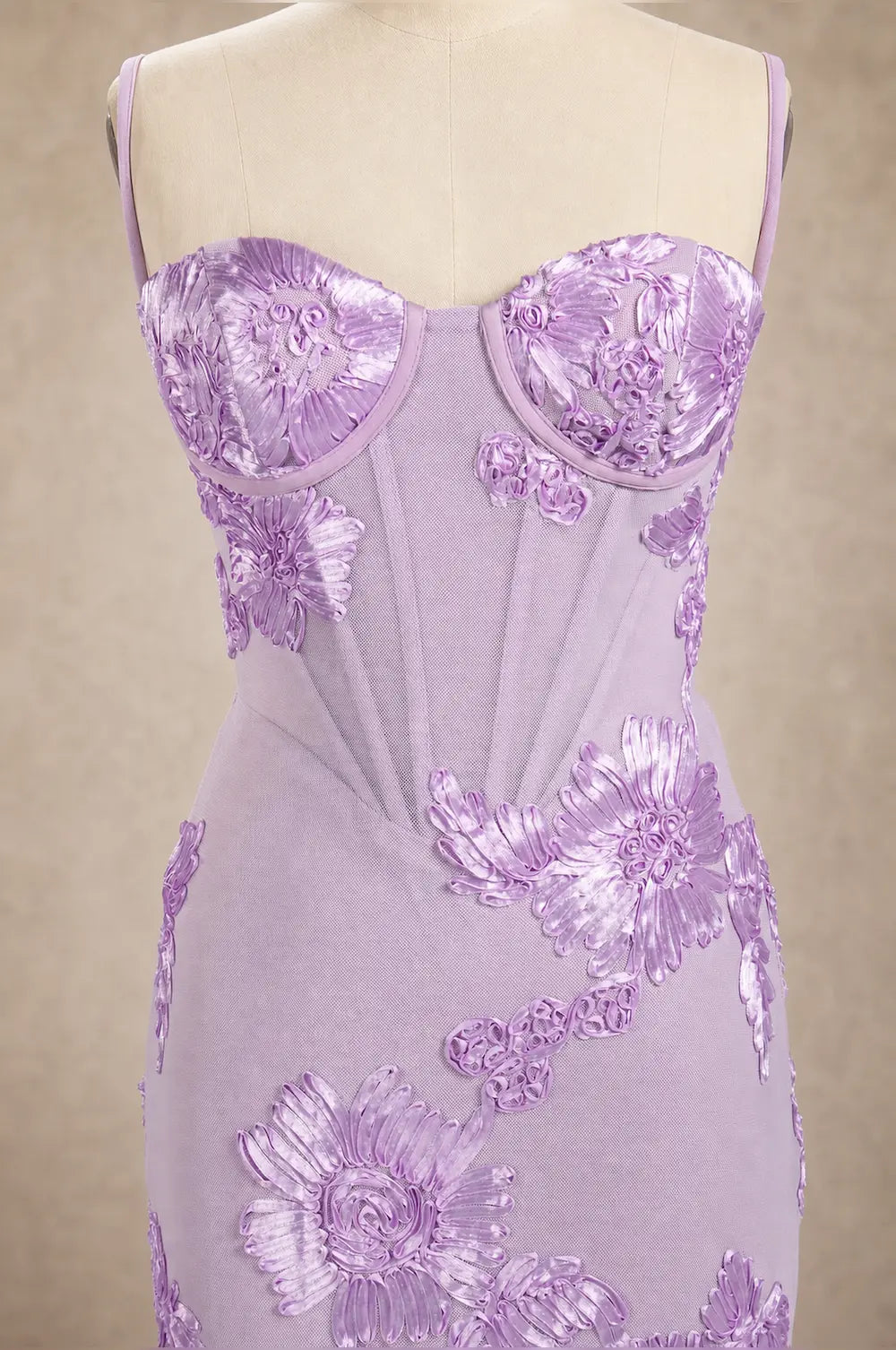 Lavender corset-style bodice with sweetheart cups and floral lace appliques