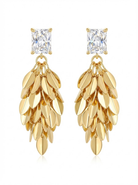 Luxurious Gold-Tone Leaf Cluster Drop Earrings Feather Design - YD020