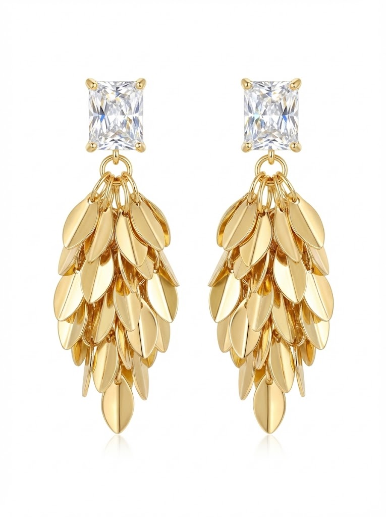 Luxurious Gold-Tone Leaf Cluster Drop Earrings Feather Design - YD020
