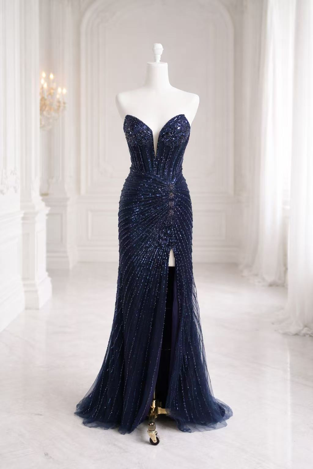 Strapless Beaded High Slit Prom Dress with Plunging Sweetheart Neckline TFB 8079 | blissfulprom