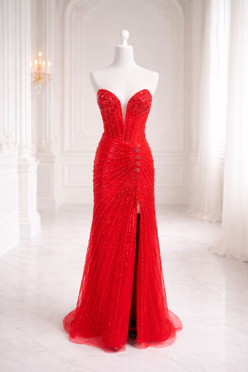 Strapless Beaded High Slit Prom Dress with Plunging Sweetheart Neckline TFB 8079 | blissfulprom