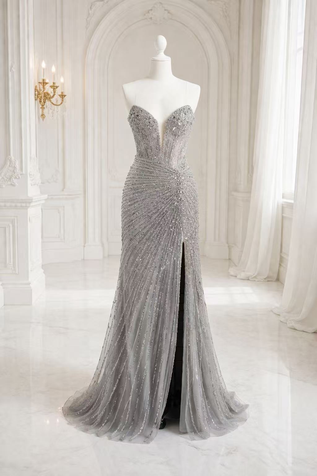 Strapless Beaded High Slit Prom Dress with Plunging Sweetheart Neckline TFB 8079 | blissfulprom