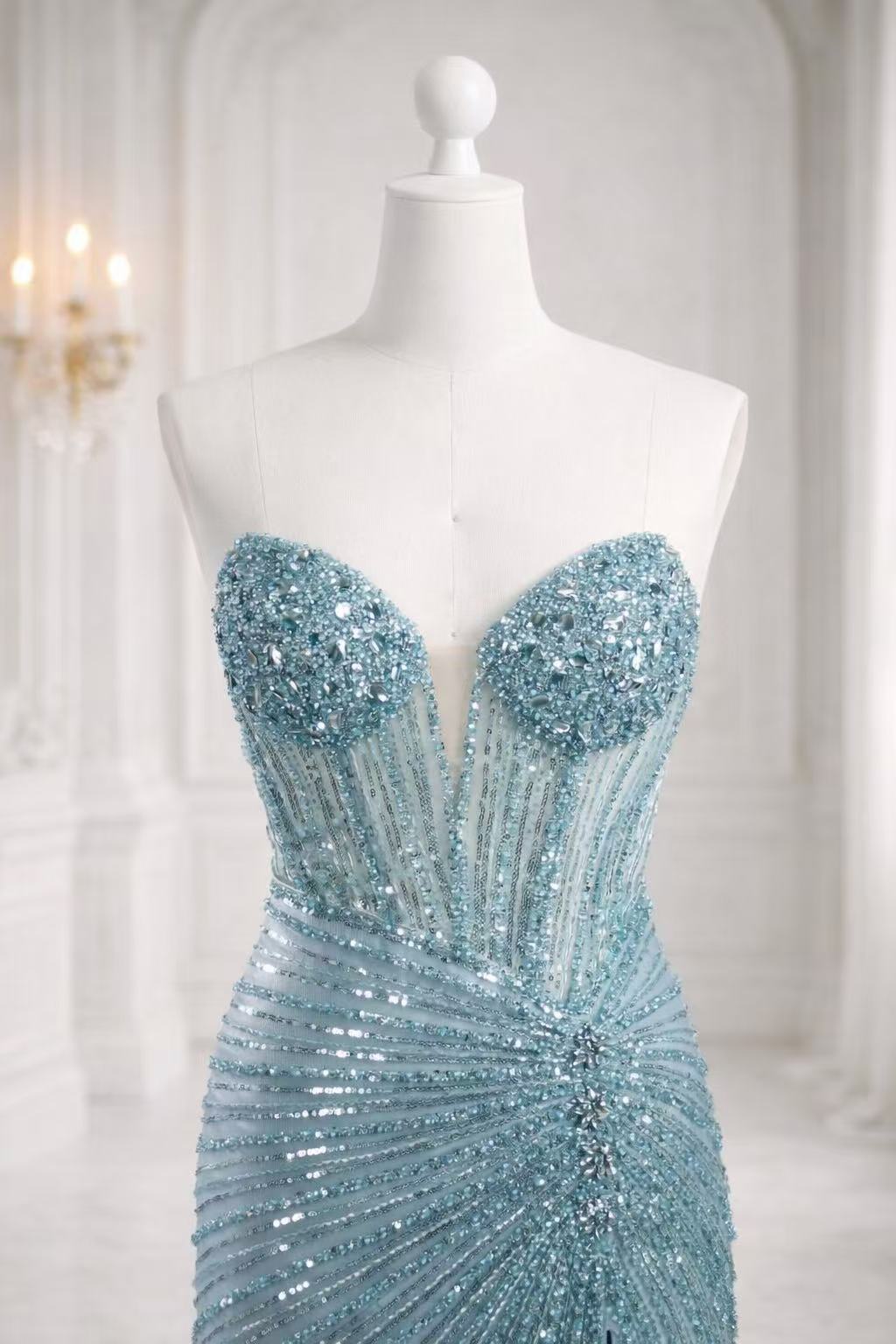 Strapless Beaded High Slit Prom Dress with Plunging Sweetheart Neckline TFB 8079 | blissfulprom