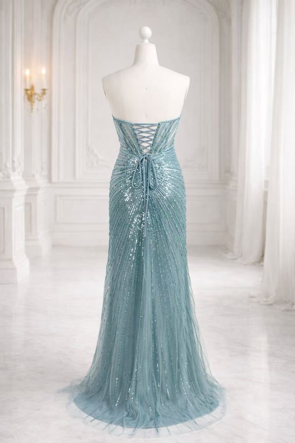 Strapless Beaded High Slit Prom Dress with Plunging Sweetheart Neckline TFB 8079 | blissfulprom