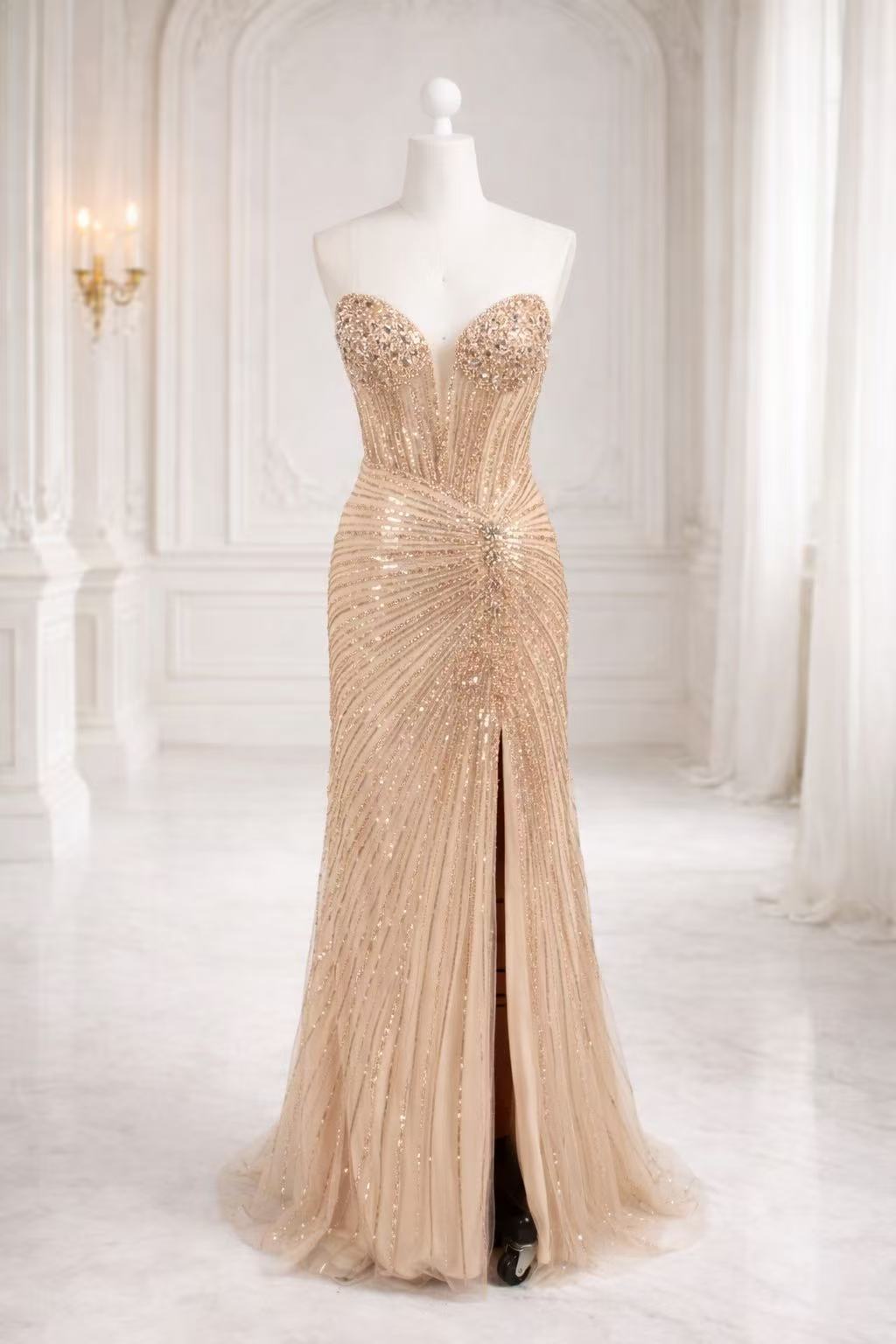 Strapless Beaded High Slit Prom Dress with Plunging Sweetheart Neckline TFB 8079 | blissfulprom