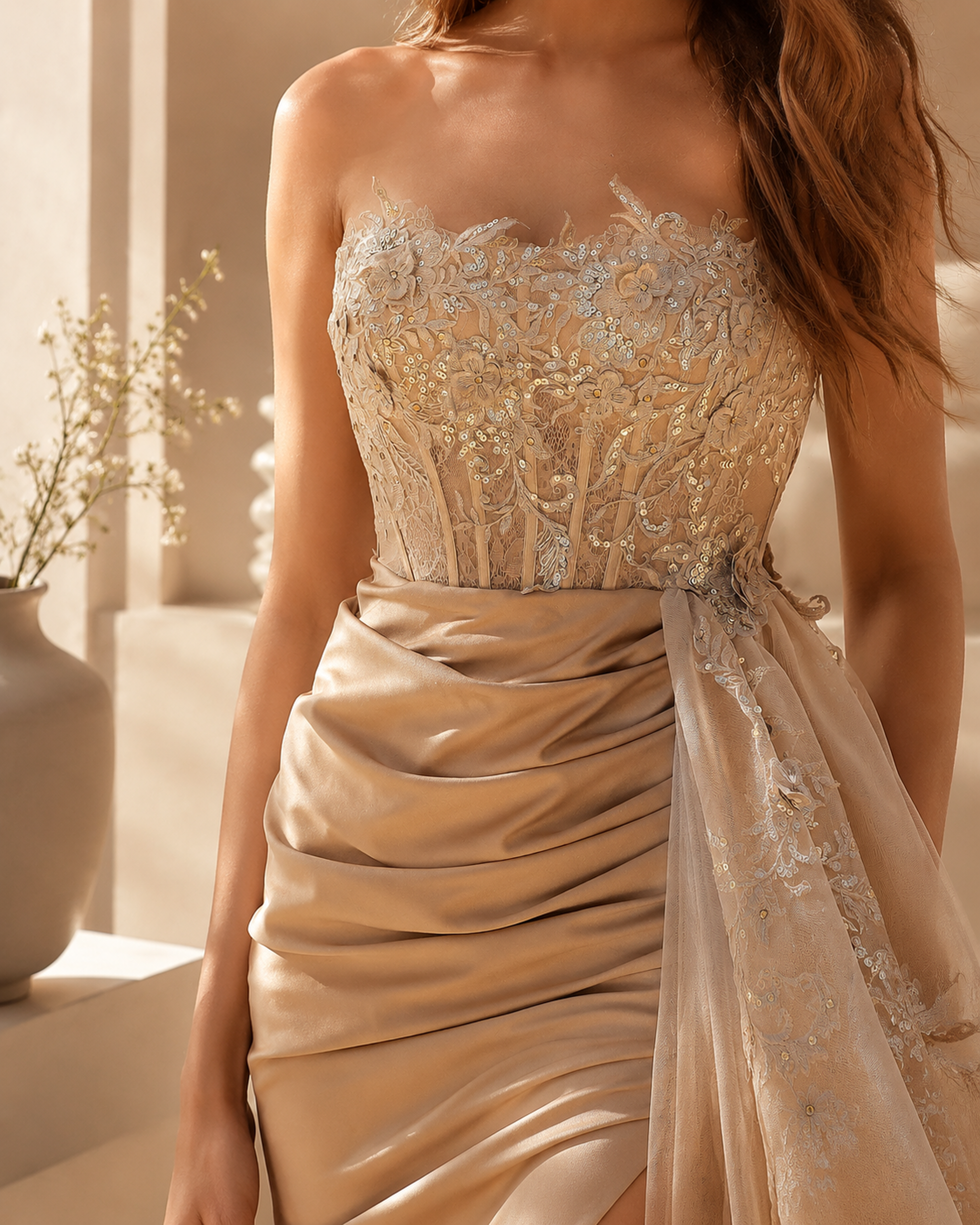 Champagne strapless corset lace prom dress bodice with floral lace appliques