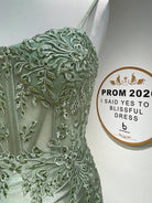 FLORIA sage green beaded floral corset bodice detail with spaghetti strap
