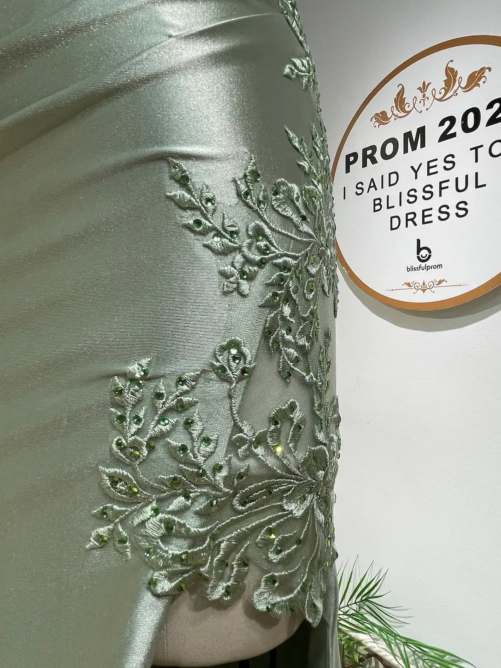 FLORIA sage green satin bodice detail with floral beading