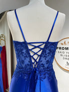 Royal blue dress bodice with sheer lace, and crisscross open-back straps