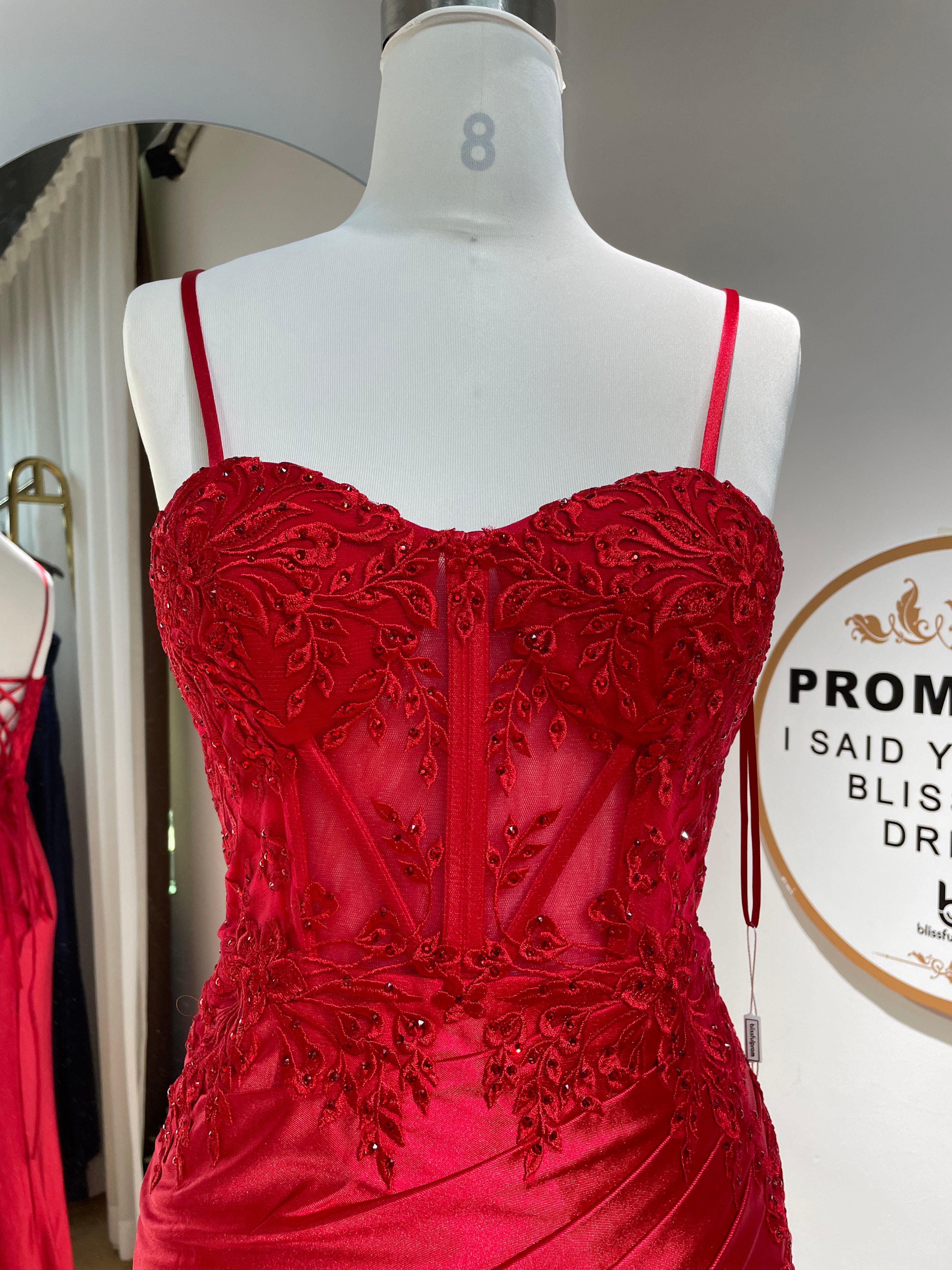 Red lace corset formal dress with spaghetti straps and scalloped sweetheart neckline