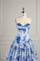 Blue and white printed corset prom dress with sweetheart neckline and tiered chiffon skirt