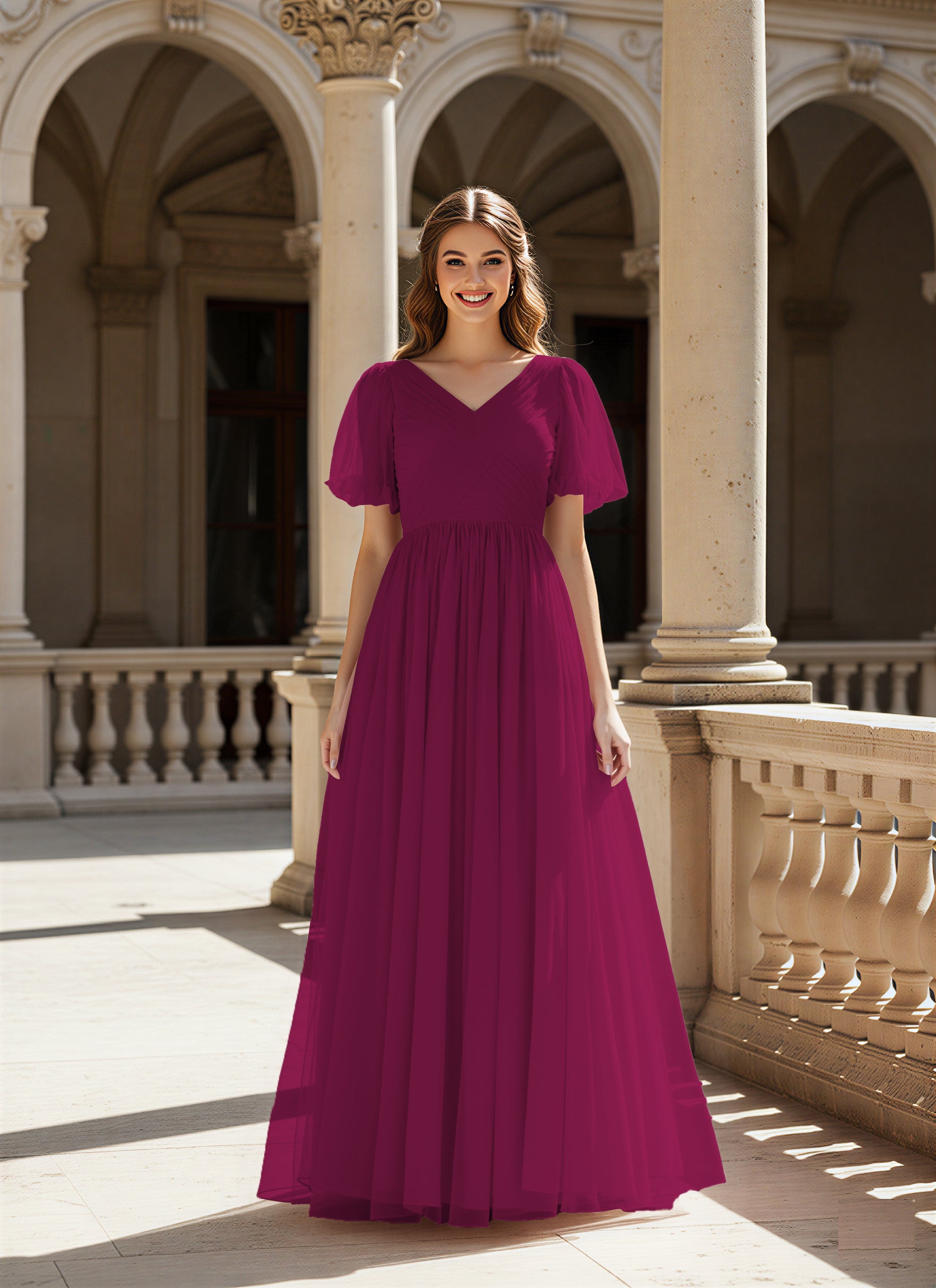 Graceful Bridesmaid Gown - Flutter Sleeve Design TFB8073