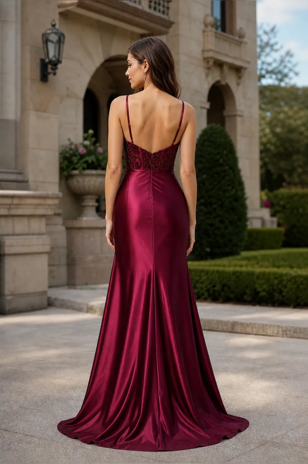 Wine satin evening dress, thin back straps, embellished bodice, ruched mermaid skirt