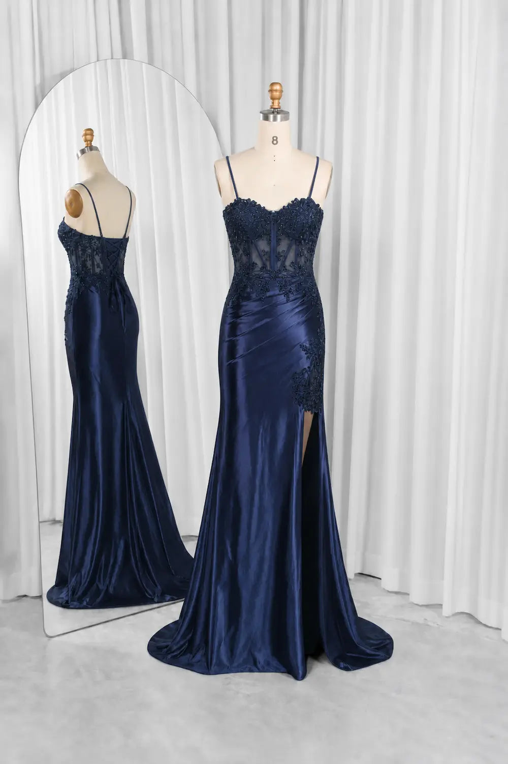Navy evening dress with lace spaghetti straps, mermaid silhouette