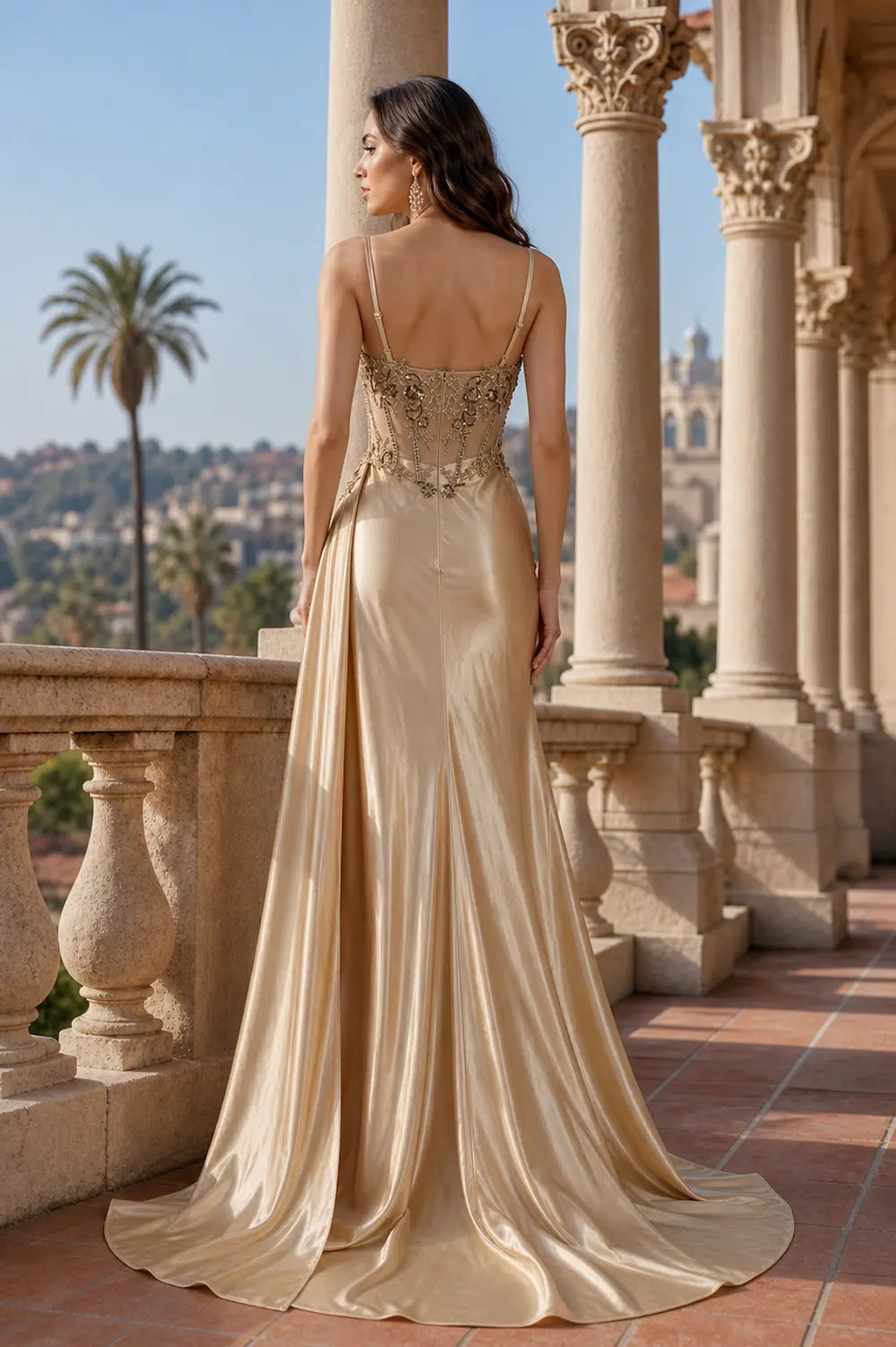 Champagne satin prom dress with beaded detailing, draped back, long train