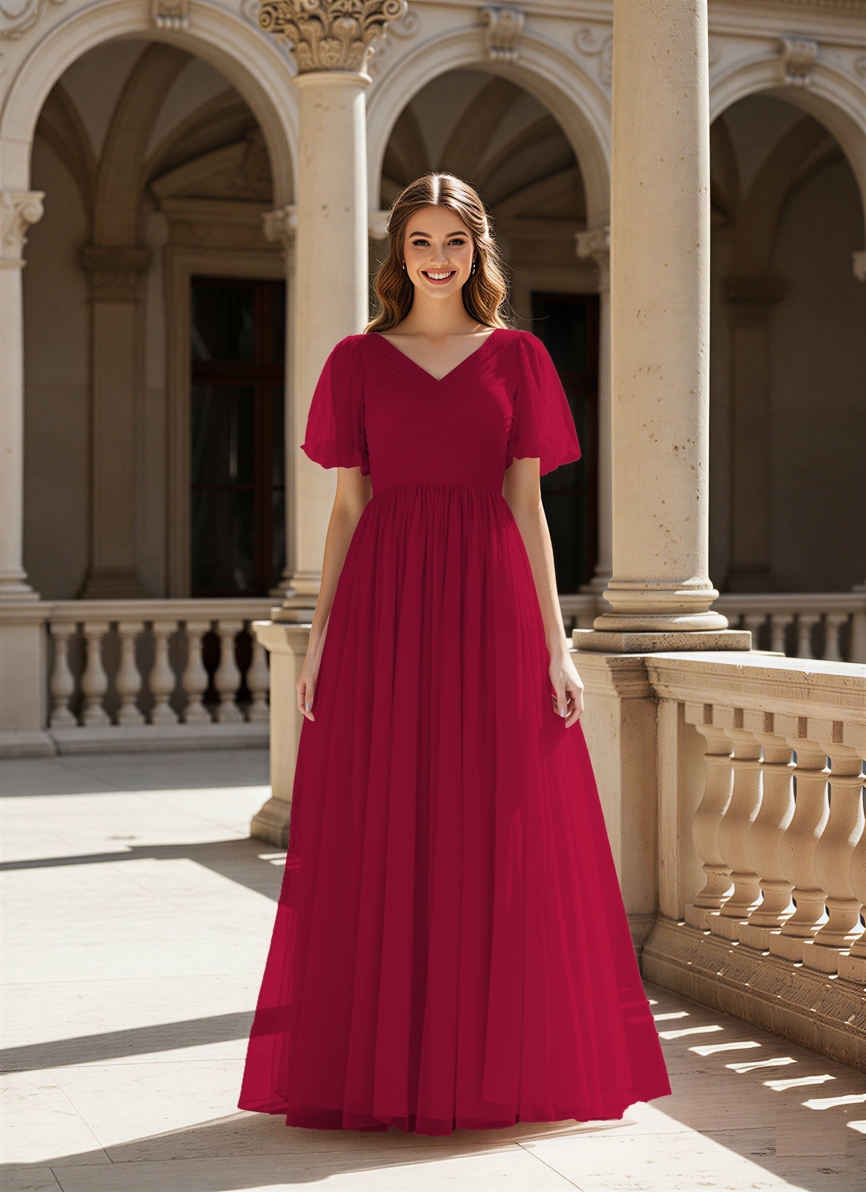 Graceful Bridesmaid Gown - Flutter Sleeve Design TFB8073