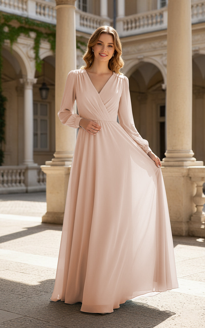 Romantic Bridesmaid Gown - Ruffled Sleeve Design TFB8068