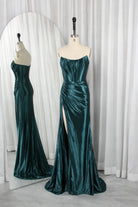 Teal strapless corset prom dress in liquid satin, ruched bodice, long skirt with slit