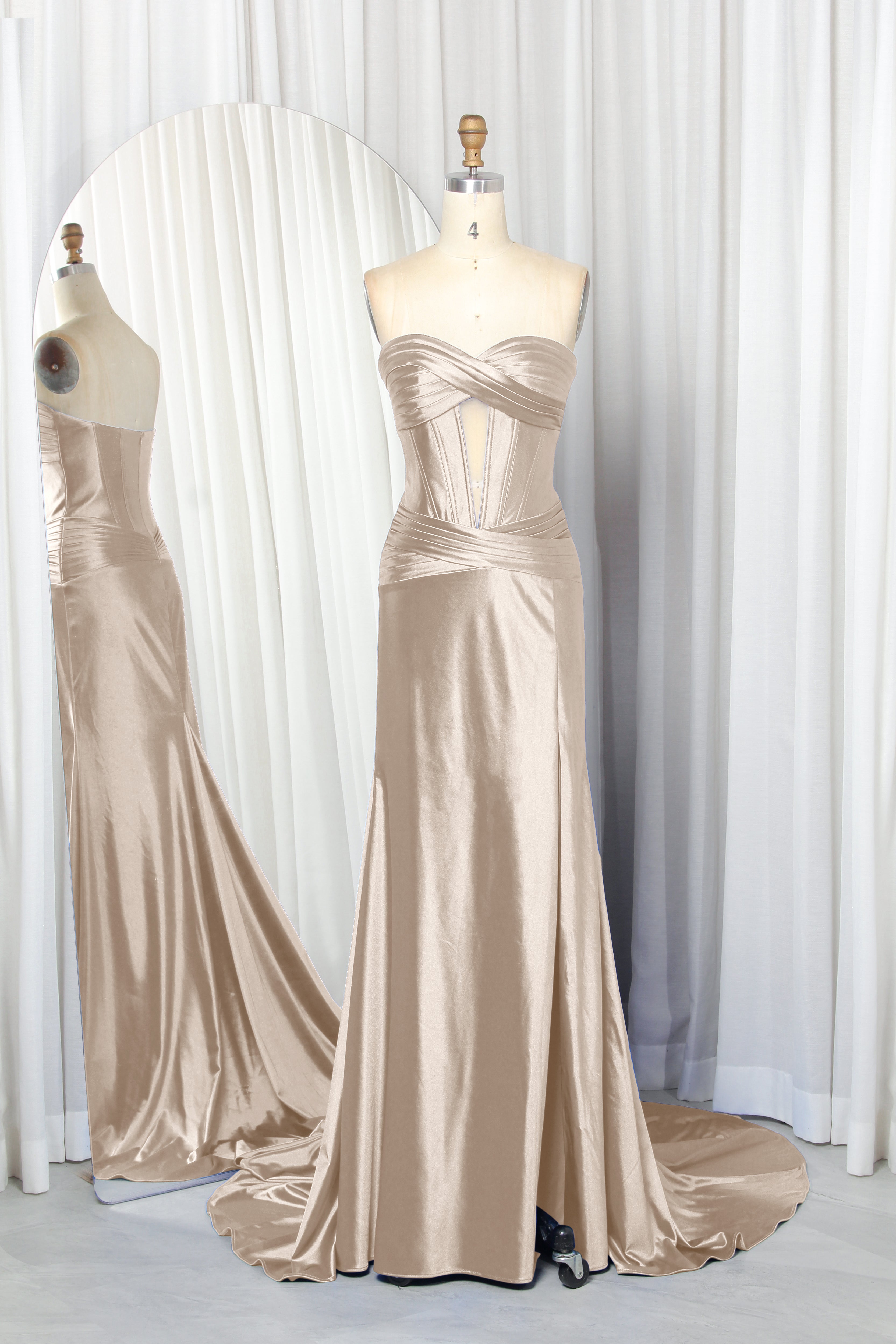 strapless satin prom dress with a front cutout