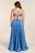 Blue plus-size maxi dress with sweetheart bust and crisscross open-back straps