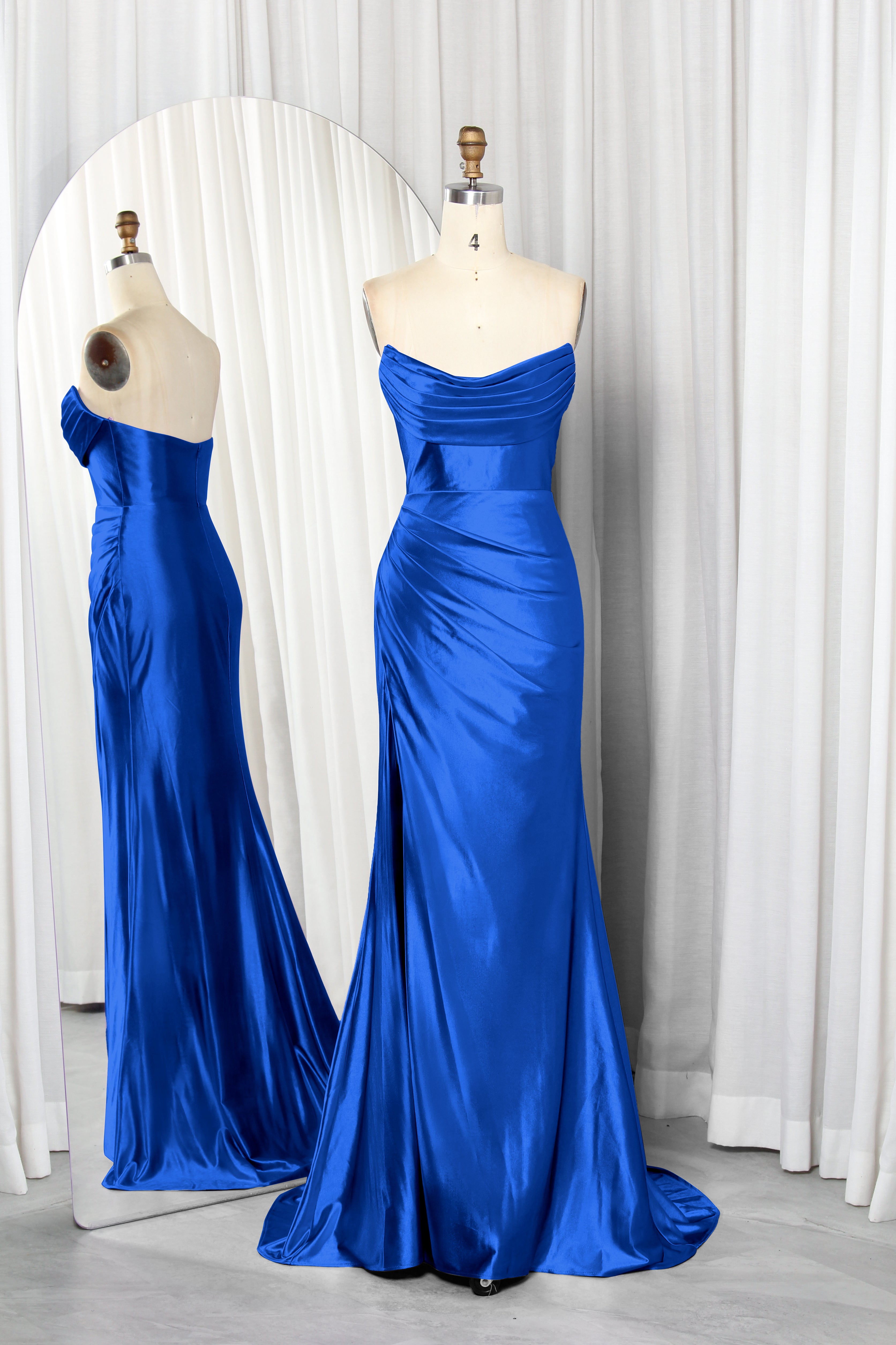 strapless satin dress with a draped bodice and high slit.