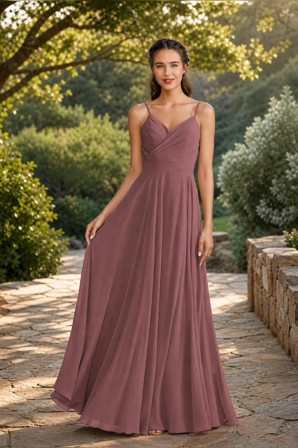 Canyon rose A-line chiffon prom dress, spaghetti straps, V-neck, gathered waist