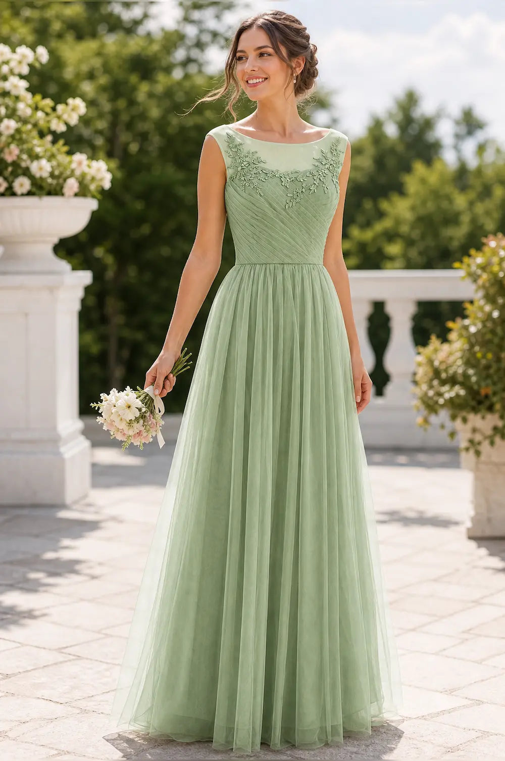 Sage green lace-illusion ruched A-line tulle prom dress, sleeveless scoop neckline