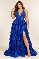 Royal blue sparkle halter dress with tiered ruffles and side slit