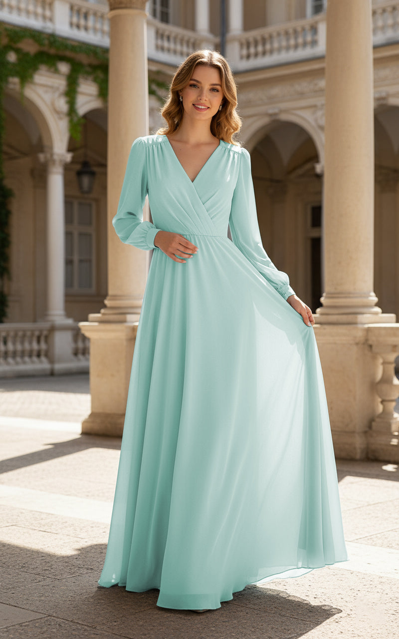 Romantic Bridesmaid Gown - Ruffled Sleeve Design TFB8068