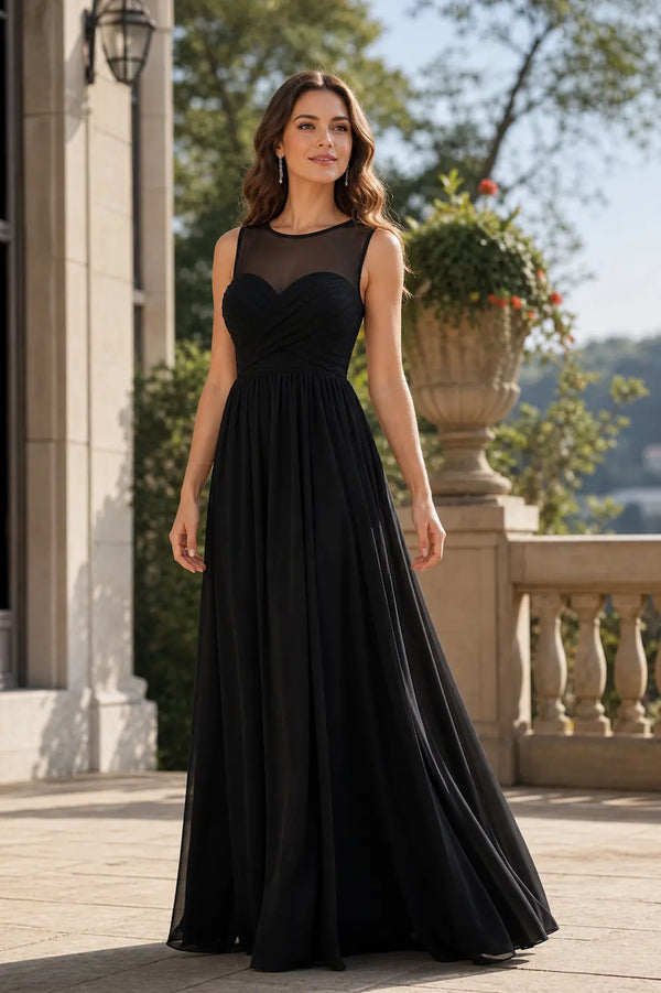 Elegantes schwarzes Chiffon-Abendkleid mit herzförmigem Dekolleté und Illusion TFB 8031 | blissfulprom