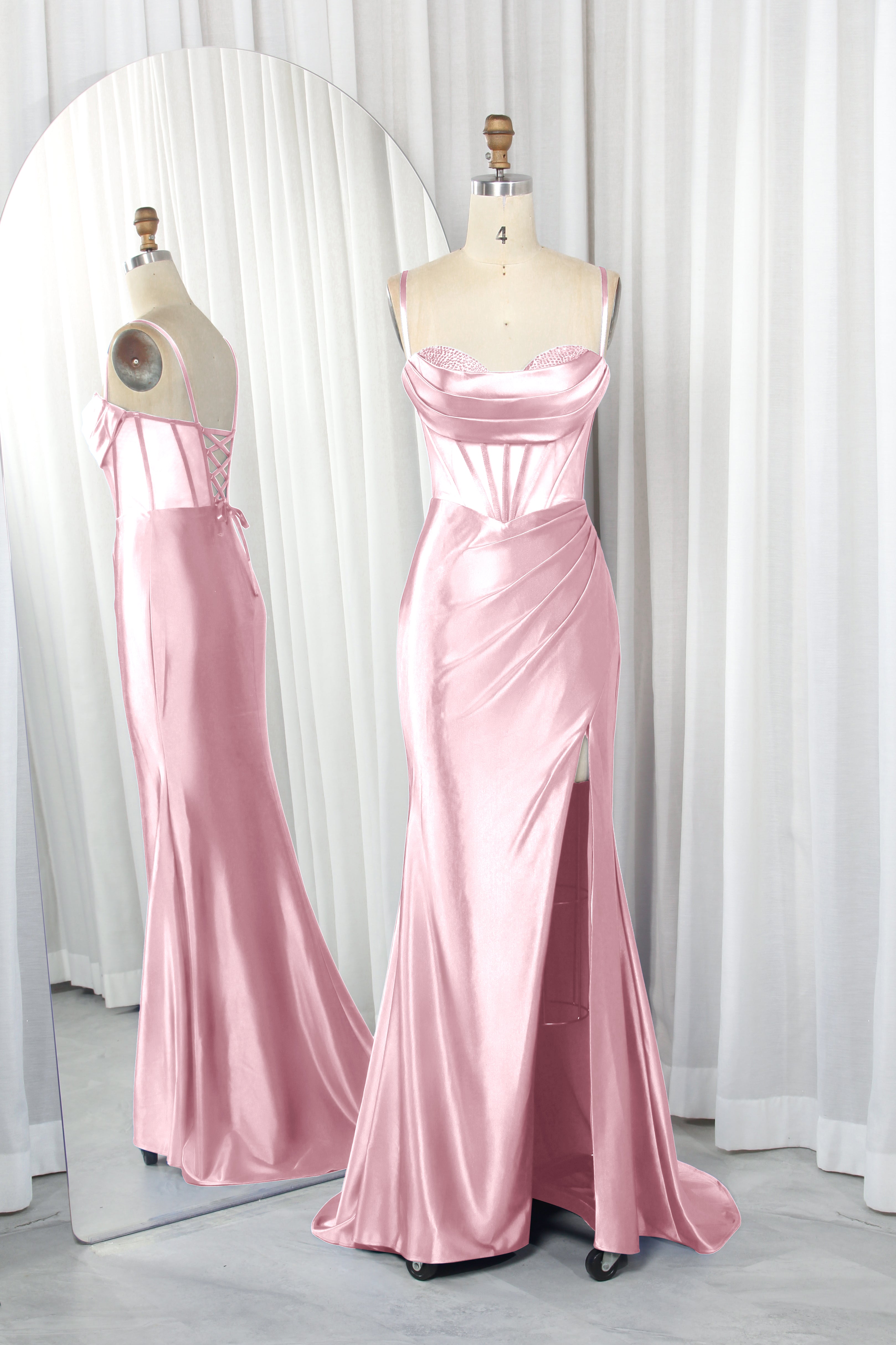 Spaghetti Strap Satin Mermaid Prom Dress with Mesh Panels, Lace-Up Back and Side Slit-TFB8010 Pink