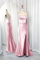 Spaghetti Strap Satin Mermaid Prom Dress with Mesh Panels, Lace-Up Back and Side Slit-TFB8010 Pink