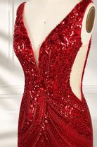 Red sequin V-neck bodice detail with open back and sparkling beadwork