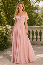 Blush pink chiffon off-the-shoulder ruffle prom dress