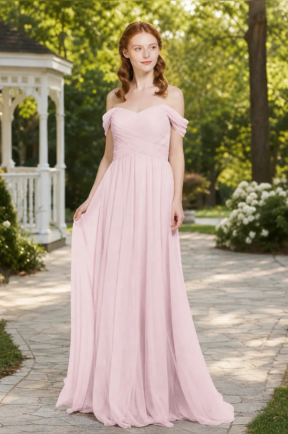 Pink off-shoulder tulle prom dress with ruched bodice and A-line skirt, front view