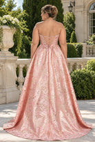 Pink floral corset dress with crisscross back and full gathered skirt