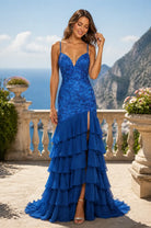 Royal blue sequin lace dress with tiered ruffle skirt, spaghetti straps