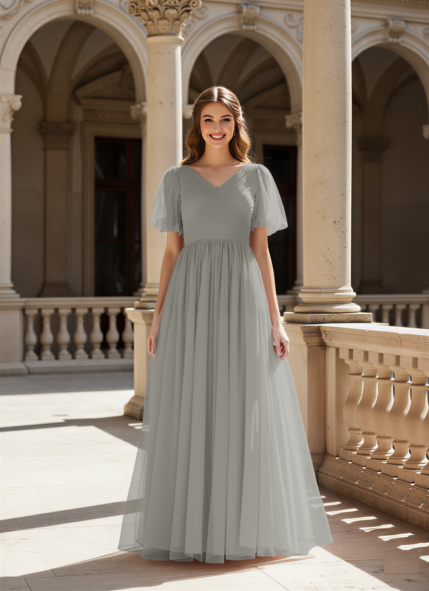 Graceful Bridesmaid Gown - Flutter Sleeve Design TFB8073