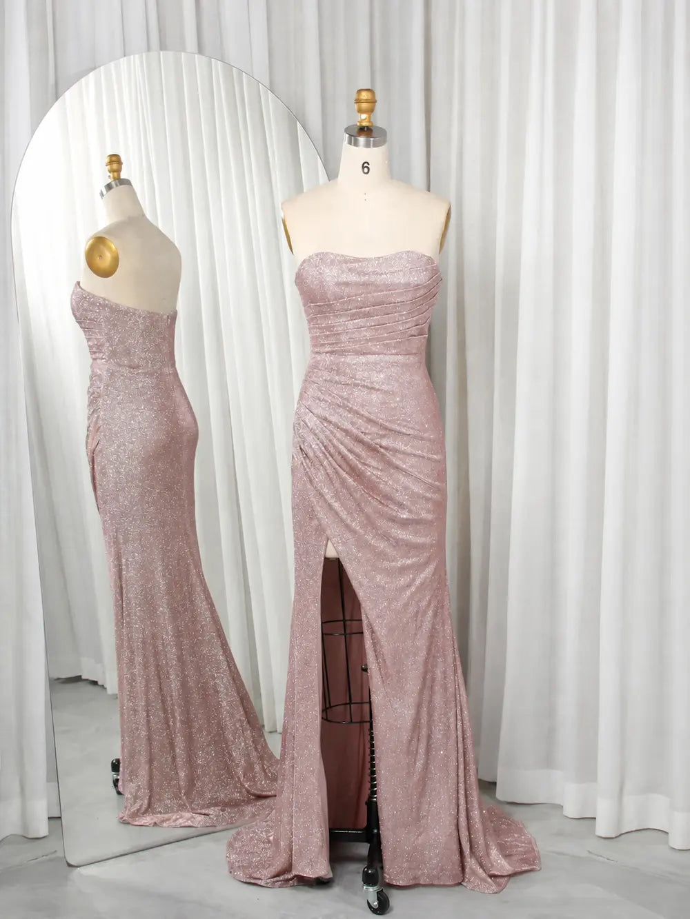 Shimmer glitter mermaid prom dress, strapless sweetheart, dusty pink, with thigh slit