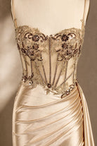 Champagne beaded appliqué sweetheart draped prom dress with side slit
