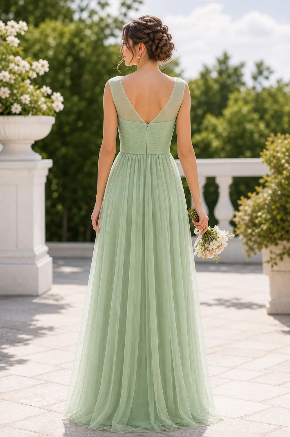 Sage green lace-illusion ruched A-line tulle prom dress, sleeveless scoop back