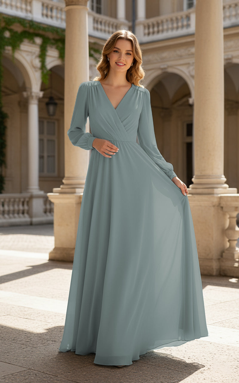 Romantic Bridesmaid Gown - Ruffled Sleeve Design TFB8068