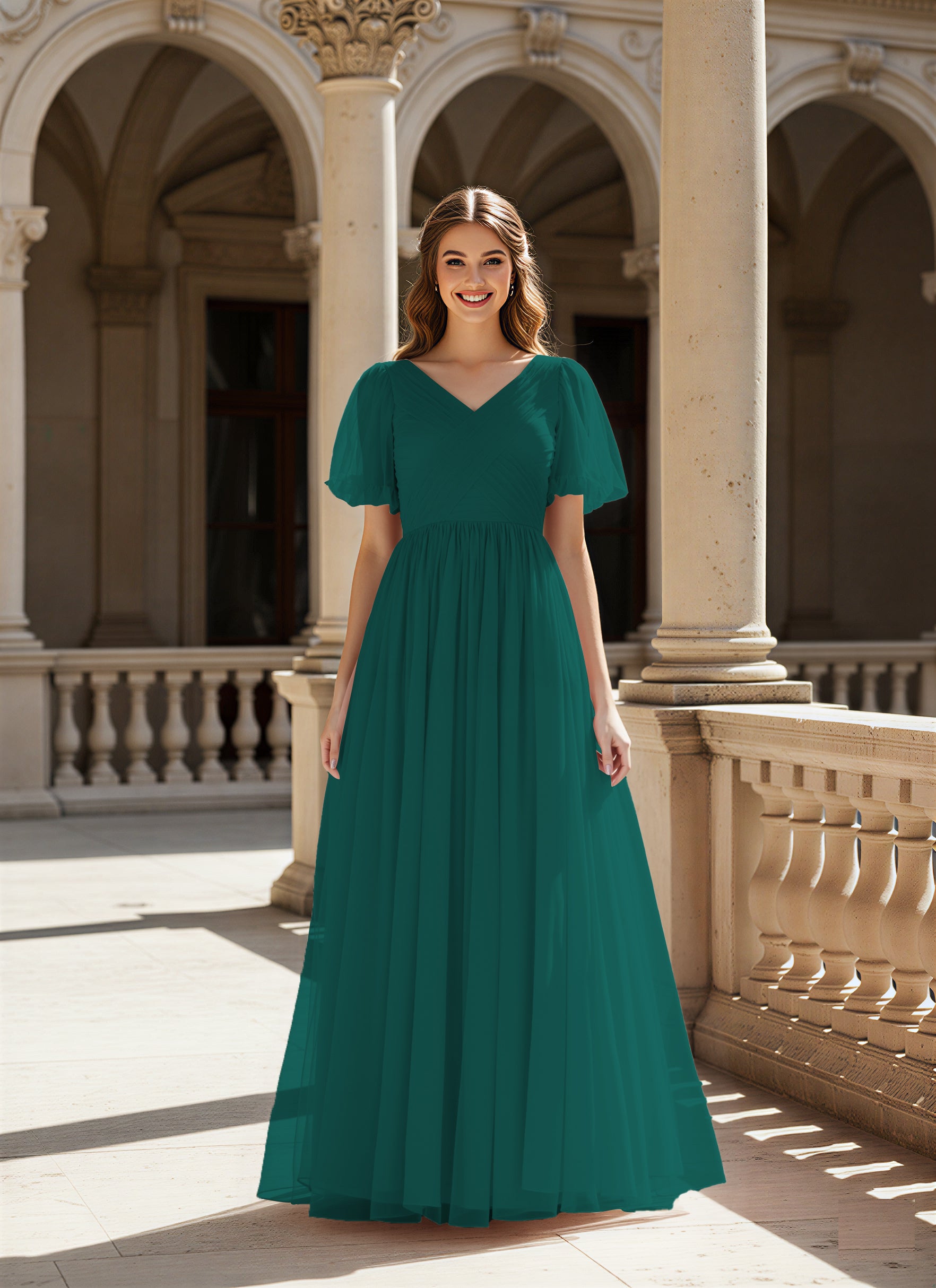 Graceful Bridesmaid Gown - Flutter Sleeve Design TFB8073
