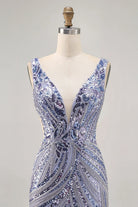 Dusty blue plus-size sequin cocktail dress on mannequin, sleeveless V-neck bodice