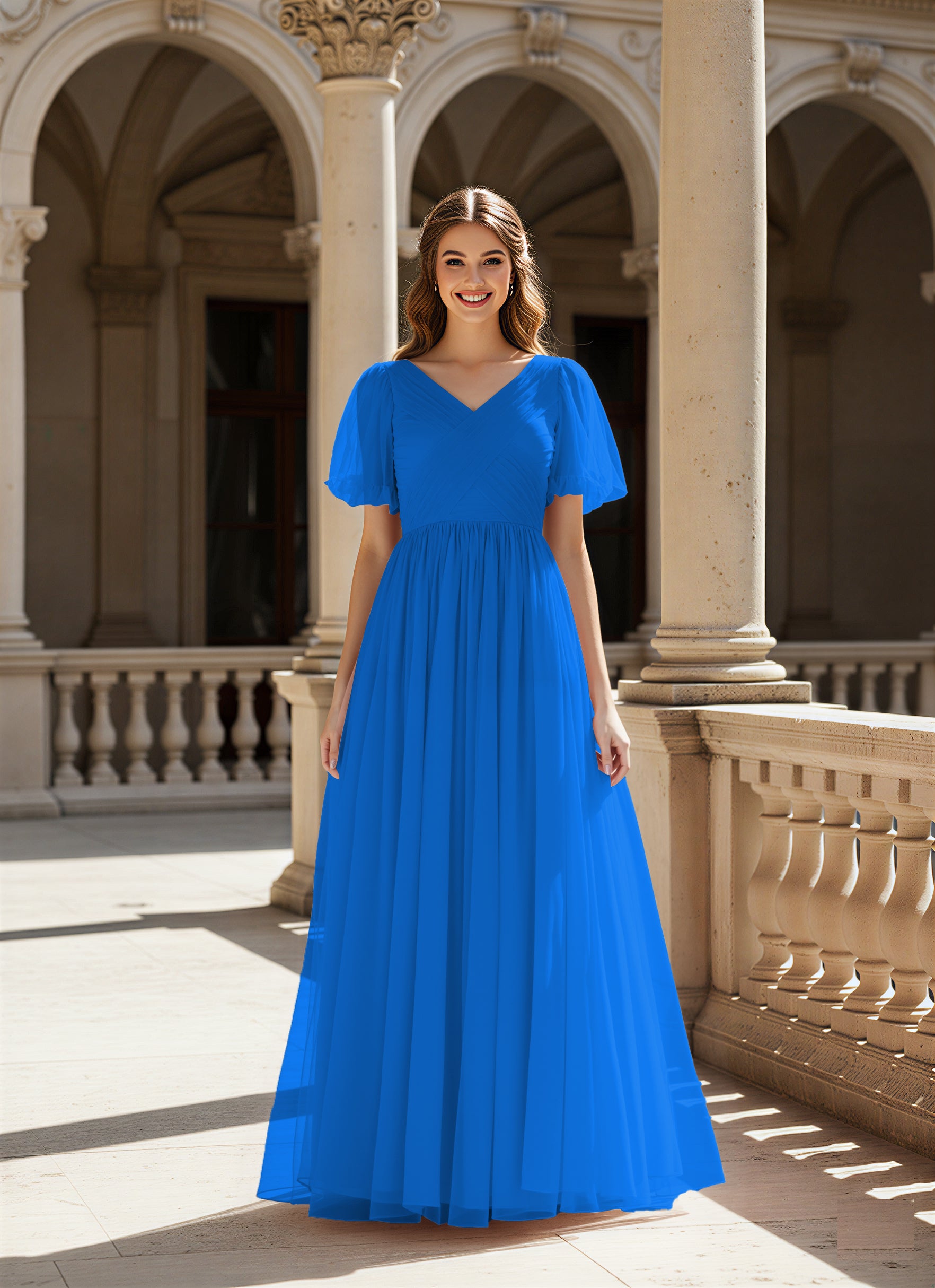 Graceful Bridesmaid Gown - Flutter Sleeve Design TFB8073