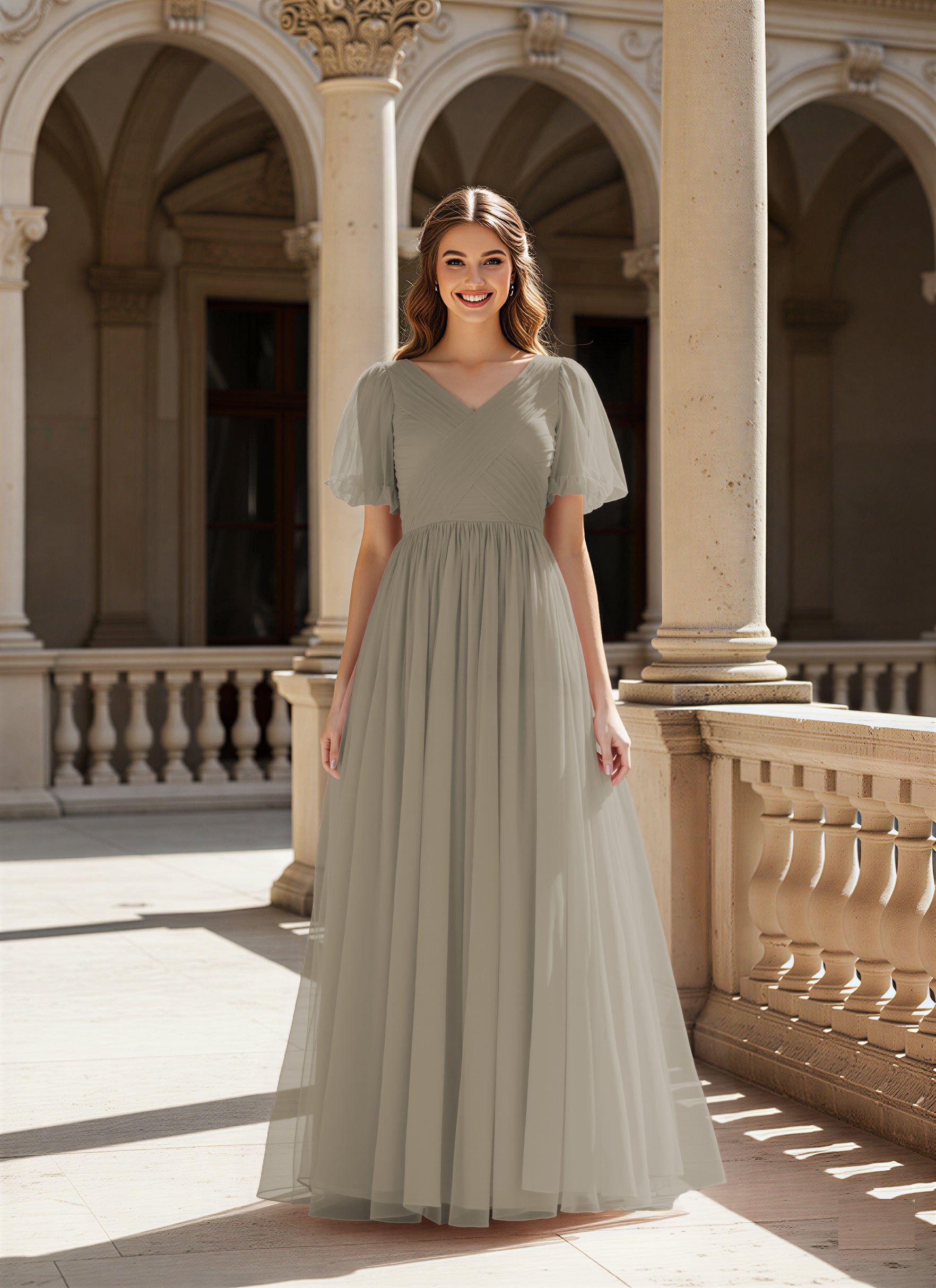 Graceful Bridesmaid Gown - Flutter Sleeve Design TFB8073