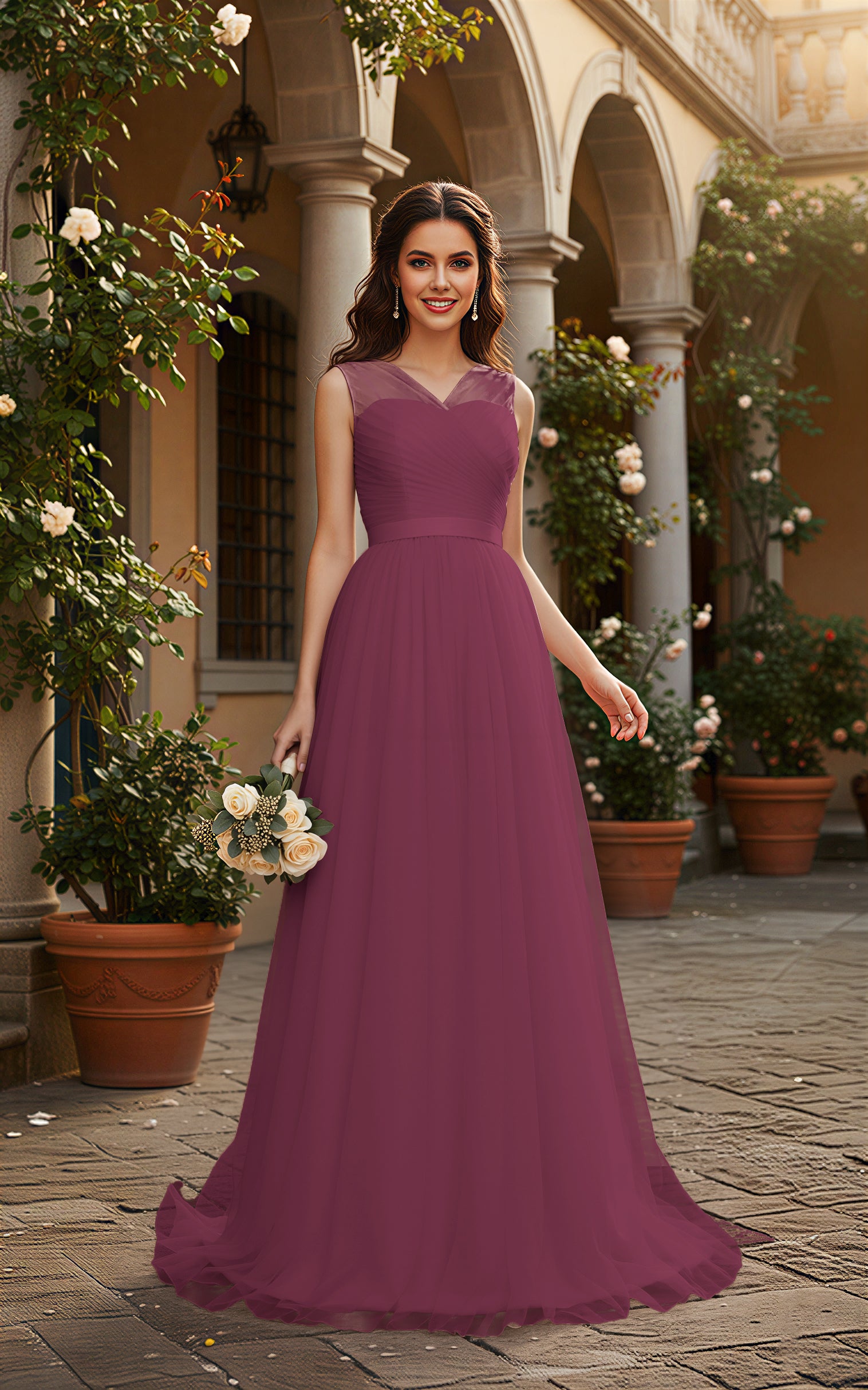 Elegant Bridesmaid Dress - Cap Sleeve Formal Gown TFB8069