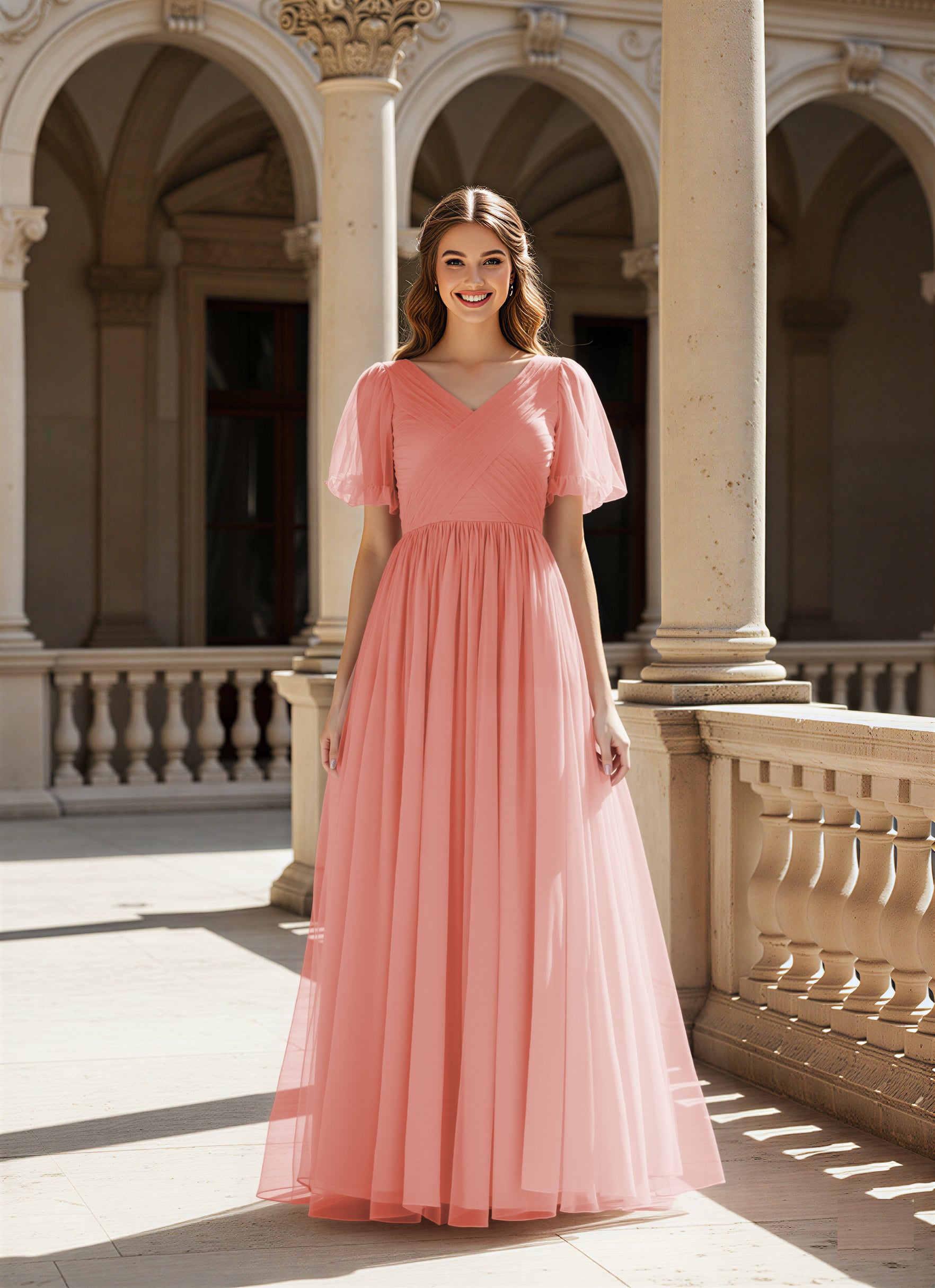 Graceful Bridesmaid Gown - Flutter Sleeve Design TFB8073