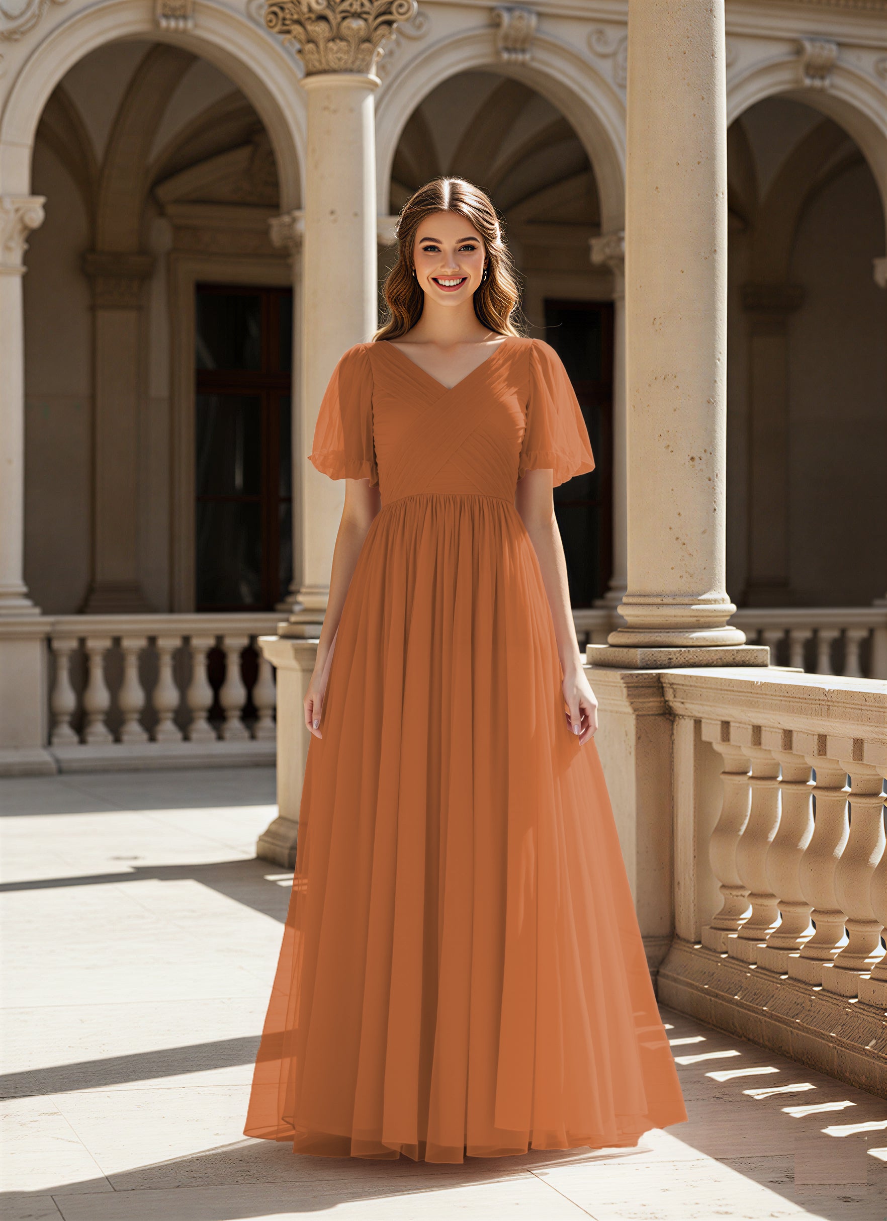 Graceful Bridesmaid Gown - Flutter Sleeve Design TFB8073
