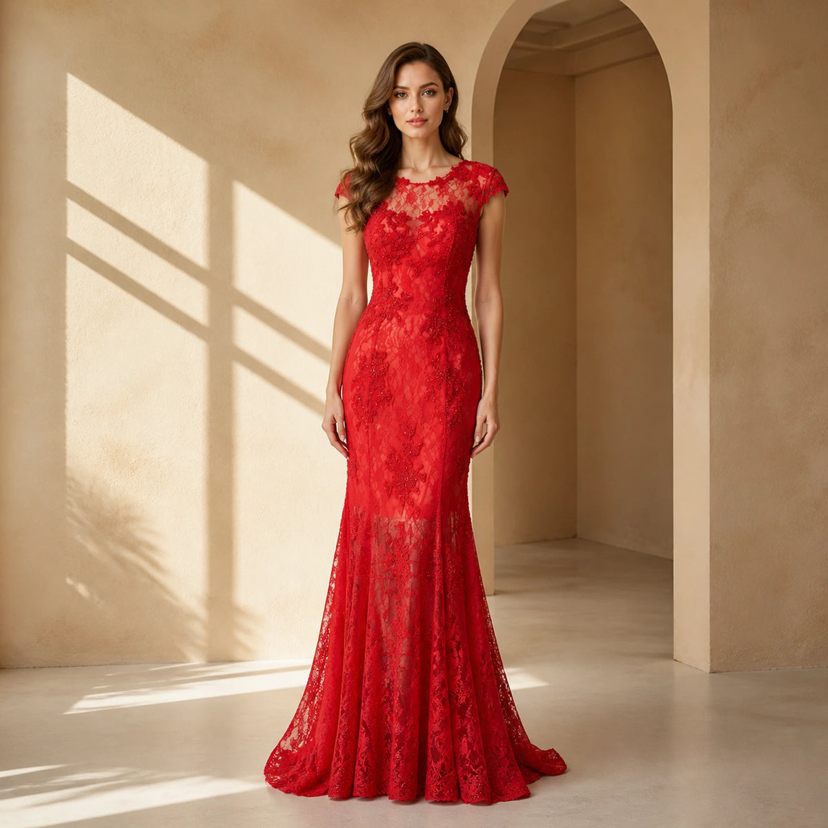 Red lace evening gown with cap sleeves, fitted bodice, long mermaid skirt